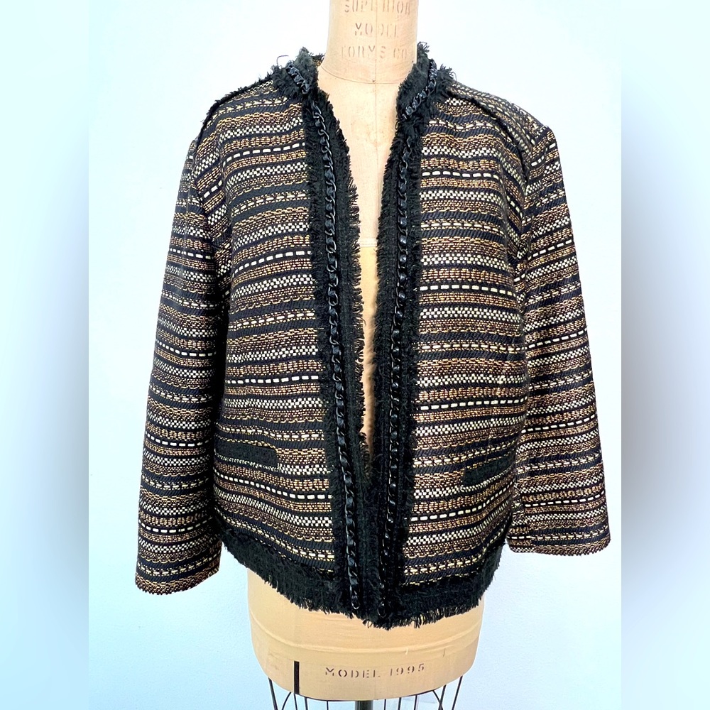 Chicos Tweed Black, Cream/ Brown Blazer w/ Metal a Chain/Fringe Detail Y2K